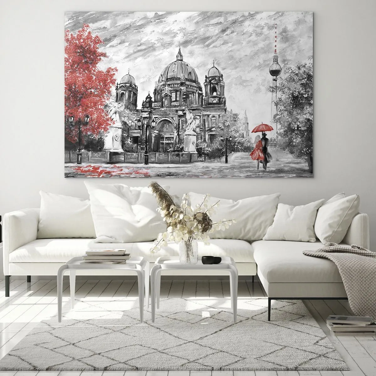 Glass picture - Berlin Cathedral with a red accent in monochromatic tones - 70x50cm - Berlin Encounter - Modern wall decoration for the living room and bedroom ARTTOR