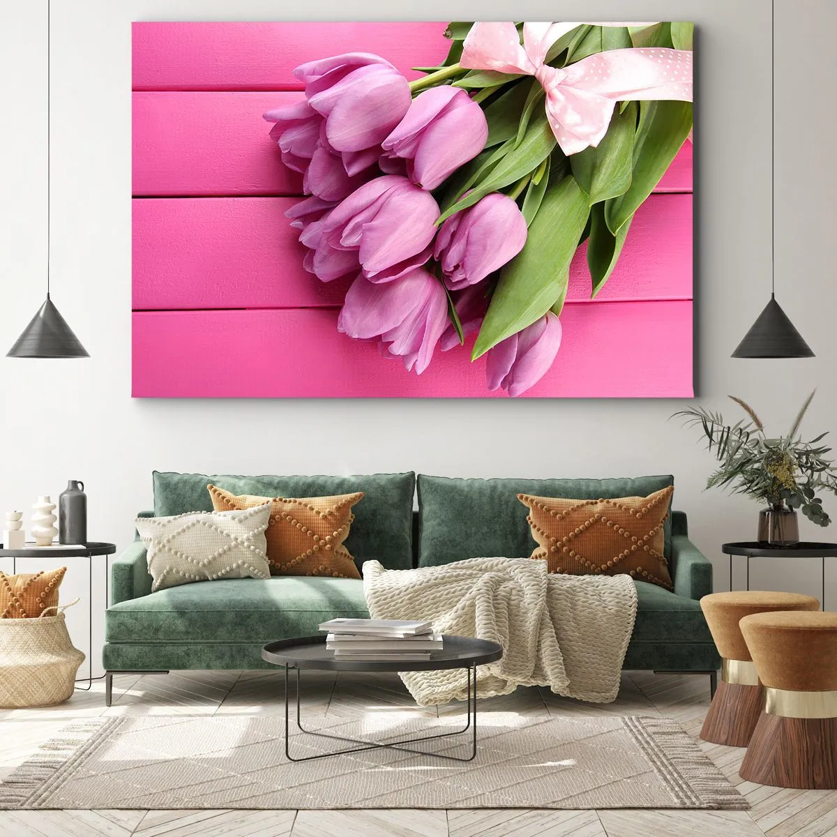 Canvas picture - A bouquet of pink tulips with a bow on a pink background - 70x50cm - Especially for You - Modern wall decoration for the living room and bedroom ARTTOR