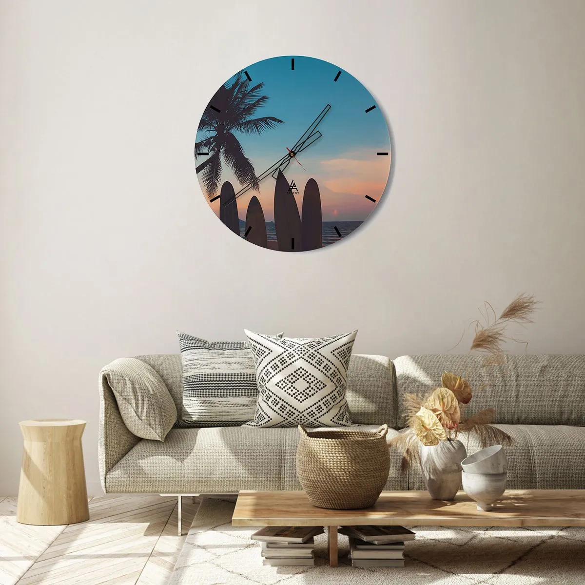 Wall clock - Clock on glass - Beach with a palm tree and surfboards in the background - 30x30cm - Tomorrow Will Be Fun Too - Modern wall decoration for the living room, kitchen, and bedroom ARTTOR