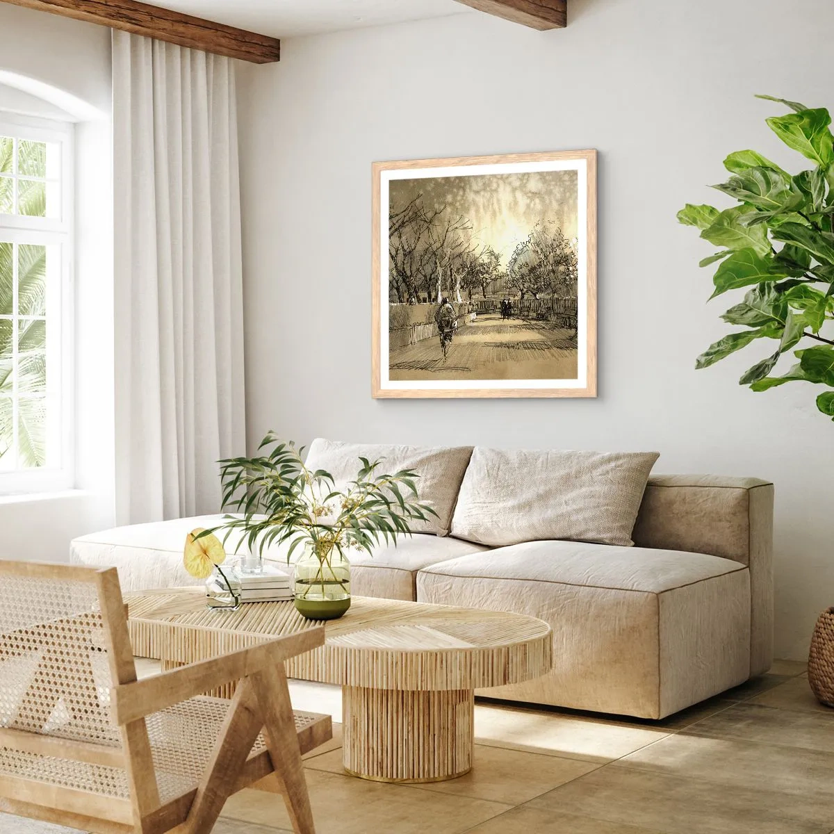 Poster in light oak frame - Moment Stopped with a Feather - 60x60 cm