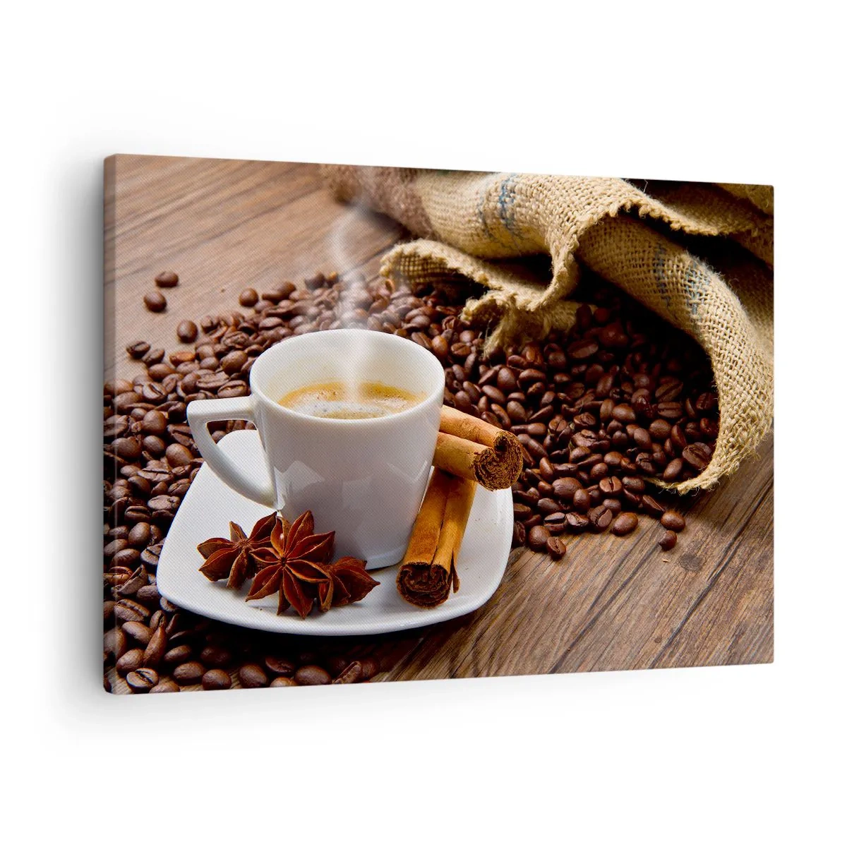 Canvas picture - A cup of coffee with cinnamon and anise on a background of coffee beans - 70x50cm - Spicy Flavour and Aroma - Modern wall decoration for the living room and bedroom ARTTOR
