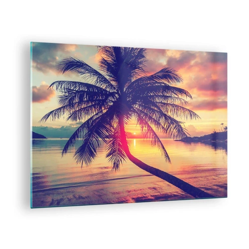 Glass picture - Palm tree at sunset over a calm sea - 70x50cm - Evening under the Palm Trees - Modern wall decoration for the living room and bedroom ARTTOR