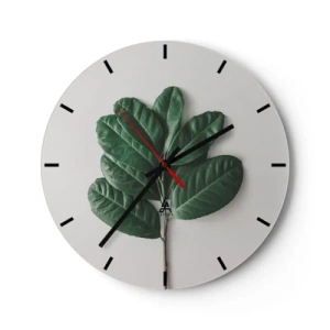 Wall clock - Clock on glass - A green branch with large leaves on a light background - 30x30cm - Drawing of Nature Itself - Modern wall decoration for the living room, kitchen, and bedroom ARTTOR