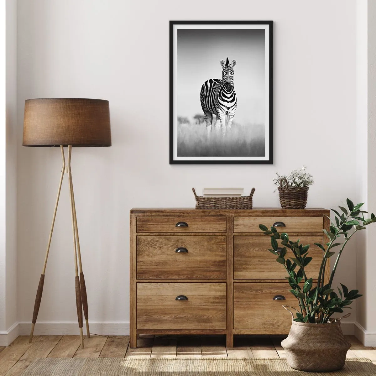 Poster in black frame - A zebra in a black and white composition on the savannah - 50x70cm - After All the World is Black and White - Modern wall decoration for the living room and bedroom ARTTOR