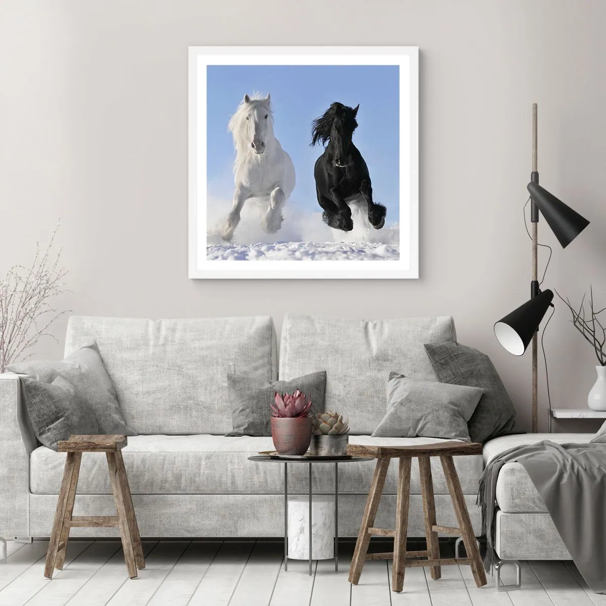 Poster in white frmae - Black and White Gallop - 50x50 cm
