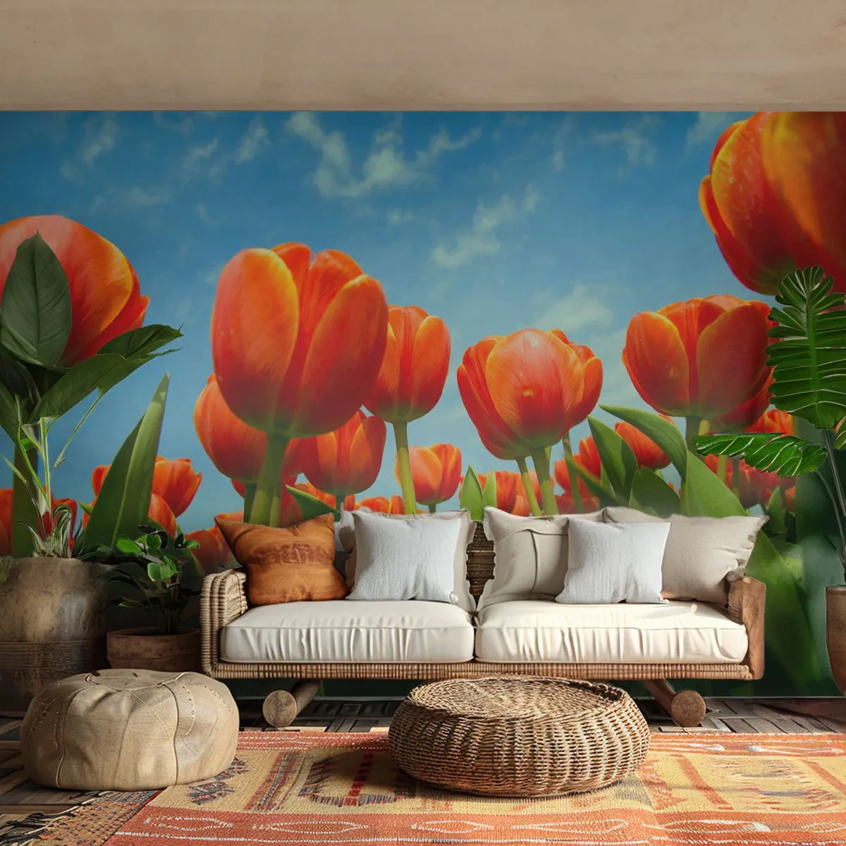 Photo Wallpaper Premium Canvas - Blue Sky Is All They Need - Flowers, Tulips, Nature - 200x140 cm