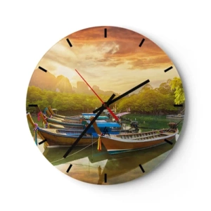 Wall clock - Clock on glass - Boats on the shore in the rays of the setting sun - 30x30cm - At the Start of a Busy Day - Modern wall decoration for the living room, kitchen, and bedroom ARTTOR