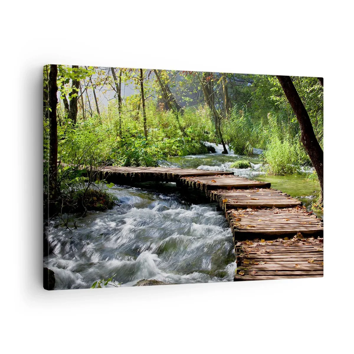 Canvas picture - A wooden bridge over a rushing stream surrounded by the greenery of the forest. - 70x50cm - By the Foamy Cascade - Modern wall decoration for the living room and bedroom ARTTOR