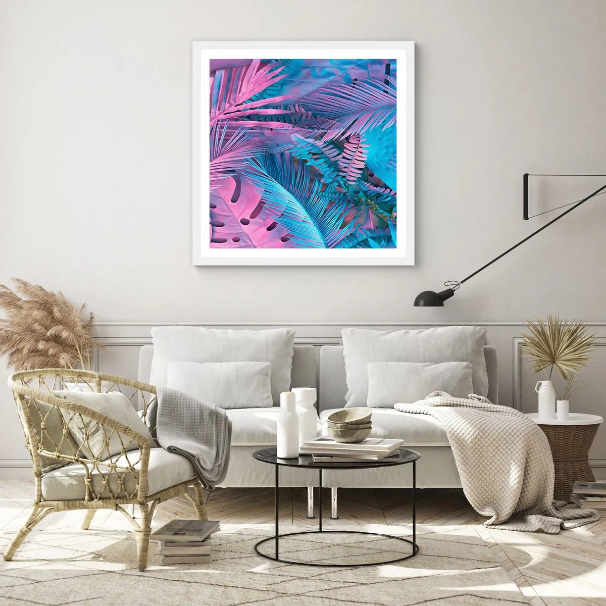 Poster in white frmae - Tropics in Pink and Blue - 60x60 cm