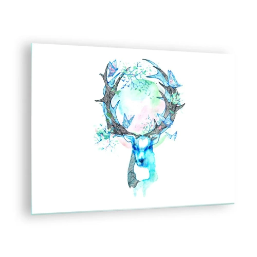 Glass picture - Illustration of a deer with butterflies on its antlers - 70x50cm - Power and Gentleness of Nature - Modern wall decoration for the living room and bedroom ARTTOR
