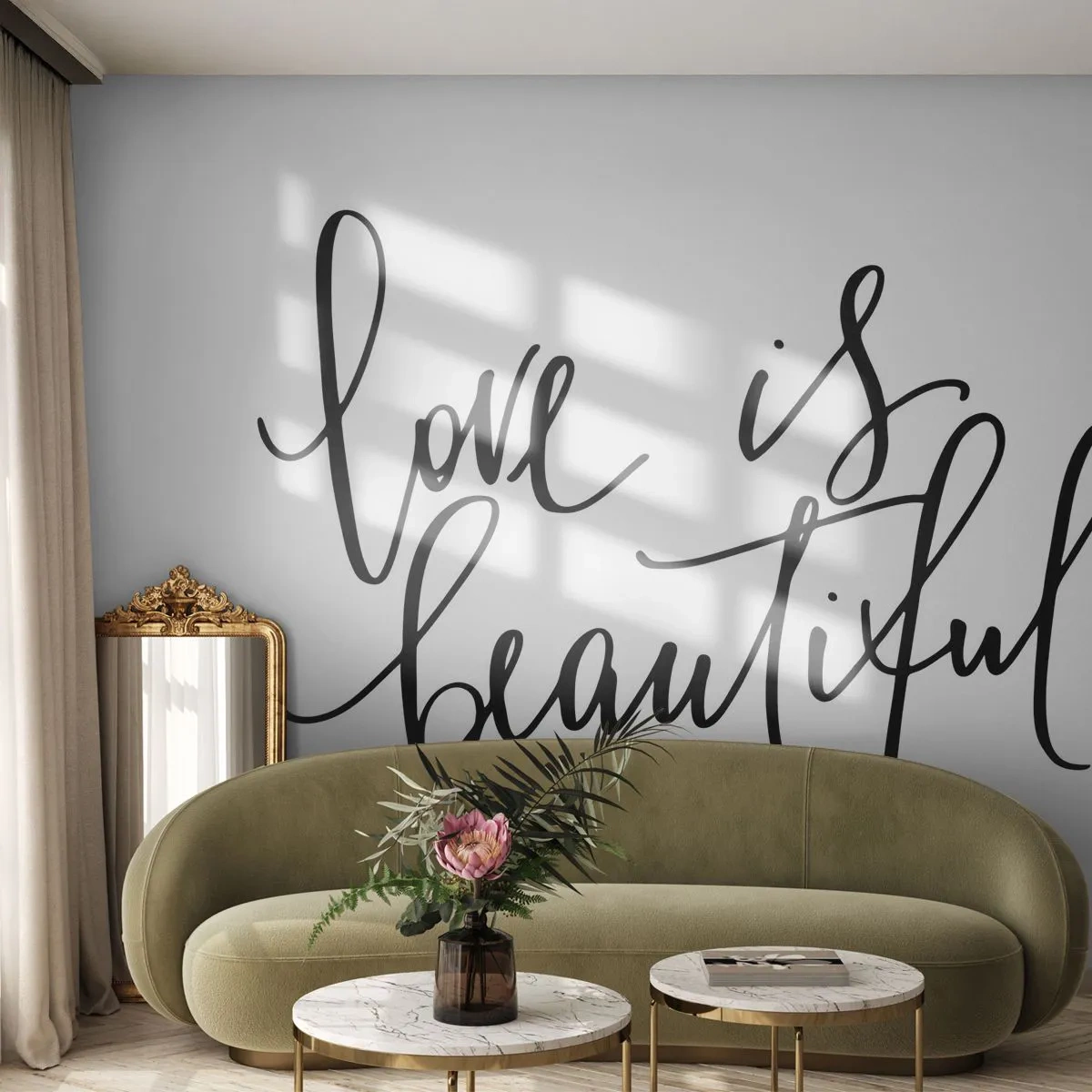 Photo Wallpaper Standard Eco - The quote 'Love is beautiful' in elegant handwriting on a white background - 100x70cm - Read and Repeat - Modern wall decoration for the living room and bedroom ARTTOR