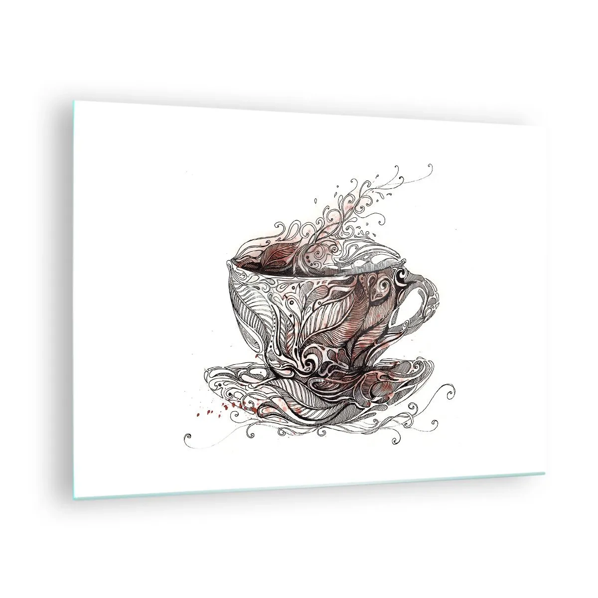 Glass picture - Artistic drawing of a cup with ornaments and steam - 70x50cm - Tea Time - Modern wall decoration for the living room and bedroom ARTTOR