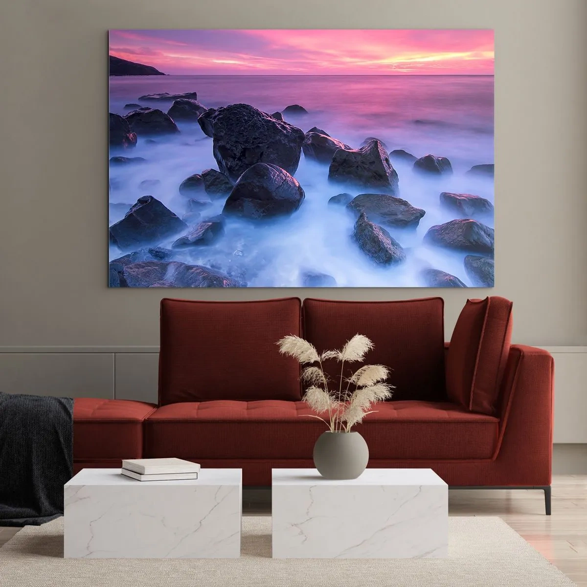 Glass picture - Waves crashing on the rocks at sunset - 70x50cm - Born in Light and Mist - Modern wall decoration for the living room and bedroom ARTTOR