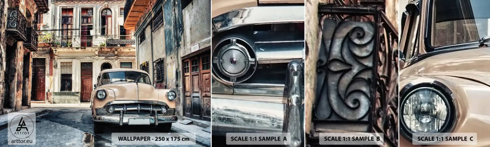 Photo Wallpaper Sample Self-Adhesive Deluxe Sticker - Siesta in Havana - Vintage car, Architecture, City - 100x30 cm