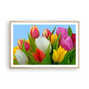 Poster in light oak frame - Floral Rainbow in Dew Drops - 91x61 cm