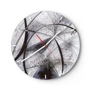 Wall clock - Clock on glass - Black and white abstraction with dynamic lines and spots - 30x30cm - Futuristic Fantasy - Modern wall decoration for the living room, kitchen, and bedroom ARTTOR