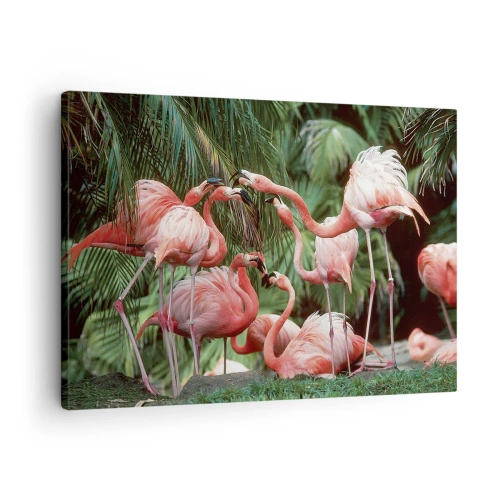 Canvas picture - A group of flamingos in a tropical setting surrounded by palm trees - 70x50cm - Afternoon Gossip - Modern wall decoration for the living room and bedroom ARTTOR