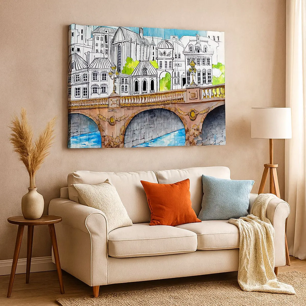 Canvas picture - Drawing of the bridge and historic urban architecture - 70x50cm - City Pretty as a Picture - Modern wall decoration for the living room and bedroom ARTTOR
