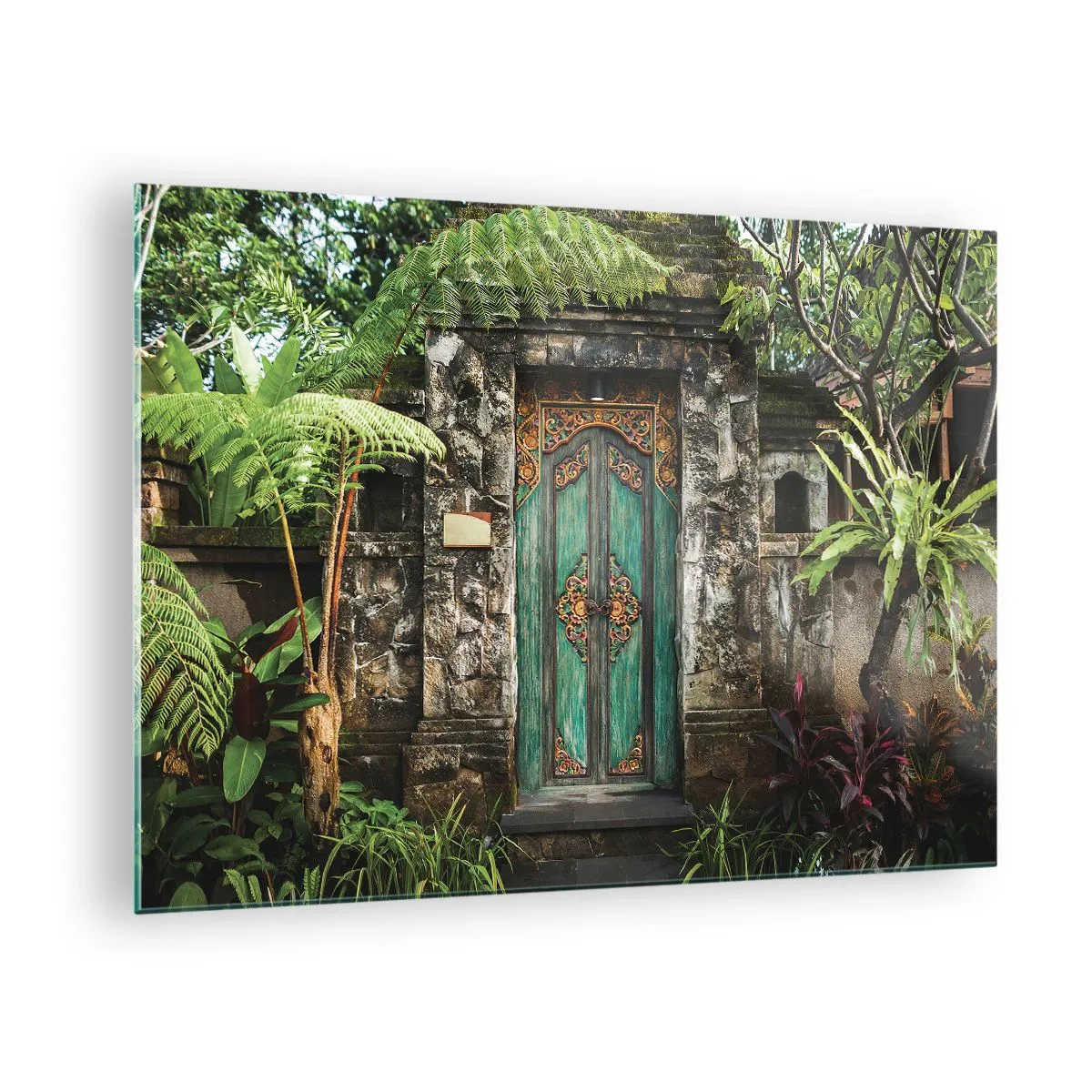 Glass picture - Ornate turquoise door in a stone wall surrounded by tropical vegetation - 70x50cm - Door to Exotic World - Modern wall decoration for the living room and bedroom ARTTOR