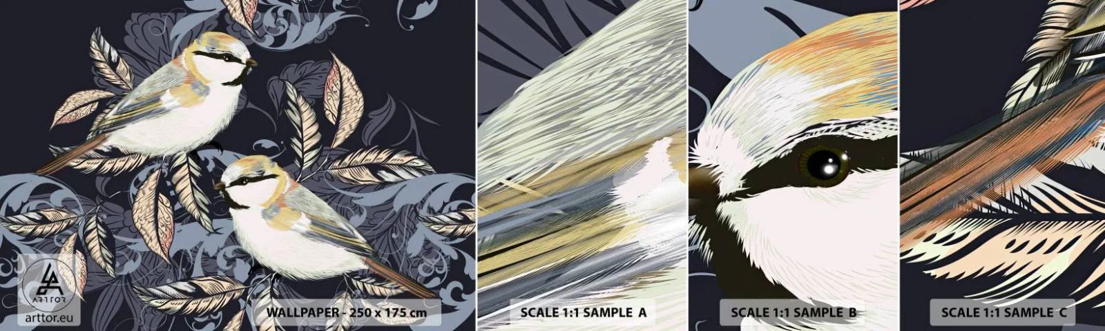 Photo Wallpaper Sample Self-Adhesive Deluxe Sticker - Blue and Yellow Chirp - Abstraction, Birds, Leaves - 100x30 cm