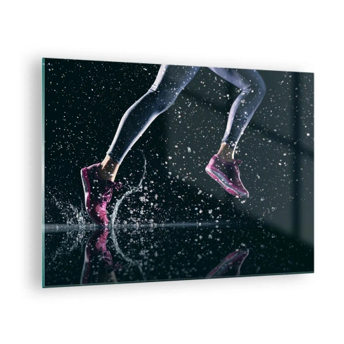 Glass picture - Running through water in sports shoes against a dark background - 70x50cm - Step on It - Modern wall decoration for the living room and bedroom ARTTOR