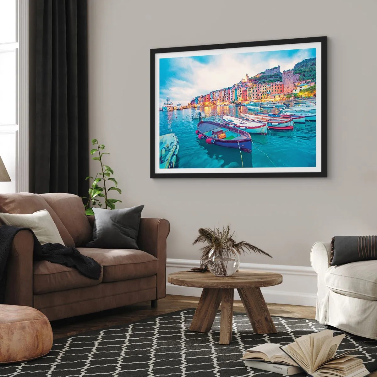 Poster in black frame - Colourful Evening in a Port - 91x61 cm