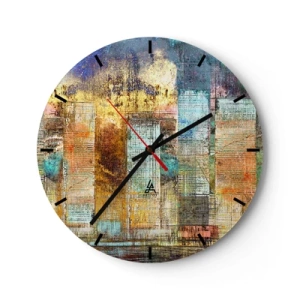 Wall clock - Clock on glass - Colorful abstraction inspired by the city skyline - 30x30cm - Sunny Metropolis - Modern wall decoration for the living room, kitchen, and bedroom ARTTOR