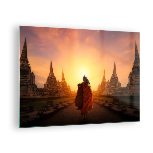 Glass picture - A monk against the backdrop of the setting sun and temples in Asia - 70x50cm - In Peace through Eternity - Modern wall decoration for the living room and bedroom ARTTOR