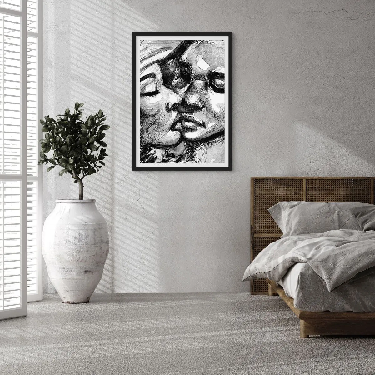 Poster in black frame - Abstract black and white portrait of a kiss - 50x70cm - Tender Moment - Modern wall decoration for the living room and bedroom ARTTOR