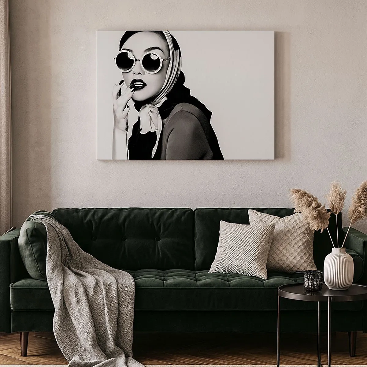 Canvas picture - Black and white portrait of a woman wearing glasses and a headscarf - 70x50cm - Greetings from the 60-ies - Modern wall decoration for the living room and bedroom ARTTOR
