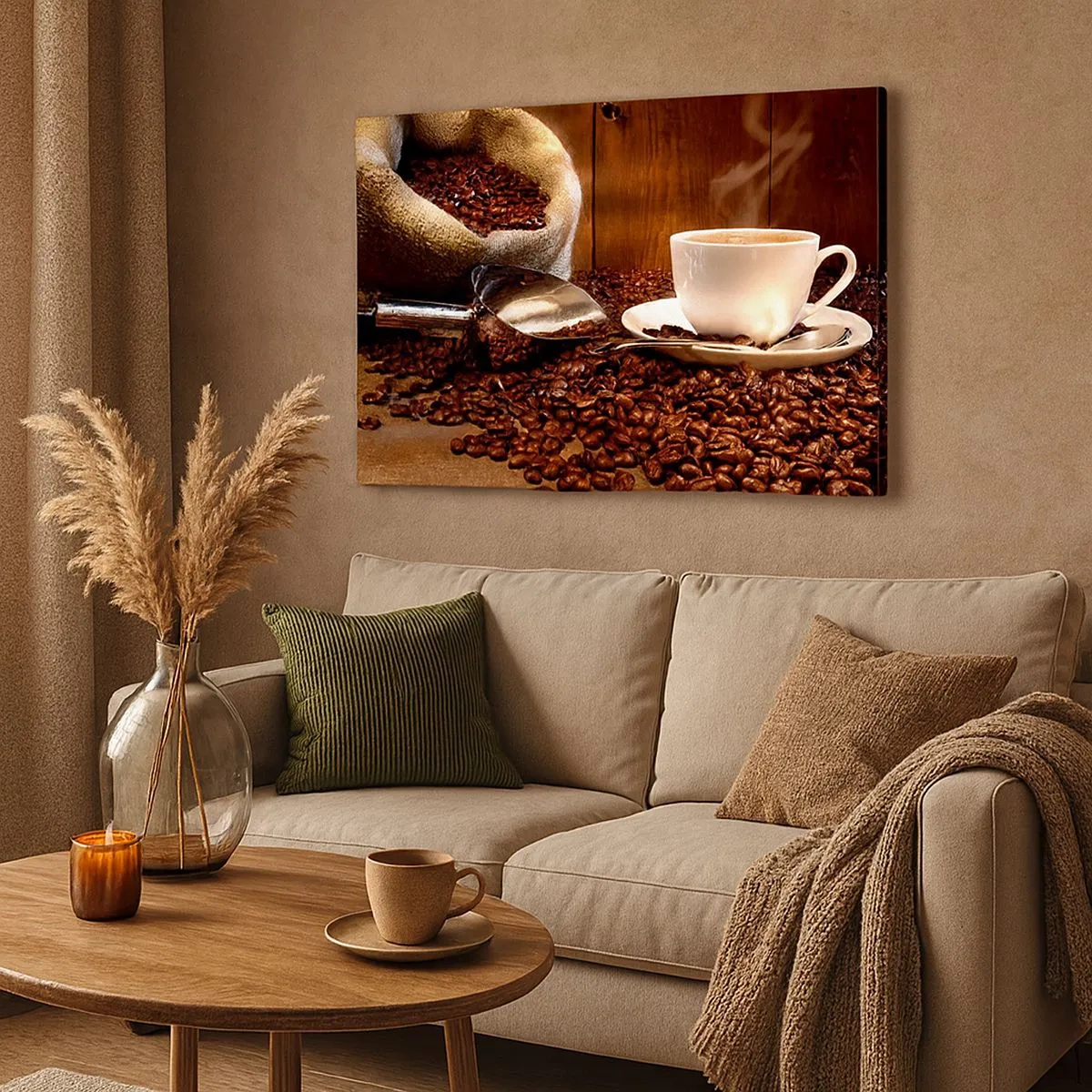 Canvas picture - A cup of coffee with coffee beans and a grain bag in the background - 70x50cm - Can You Smell It? - Modern wall decoration for the living room and bedroom ARTTOR