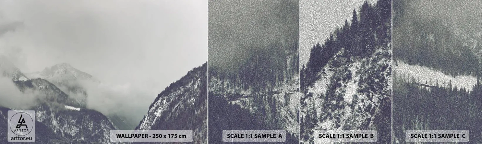 Photo Wallpaper Sample Premium Sand - Foggy valley - Mountains, Forest, Landscape - 100x30 cm