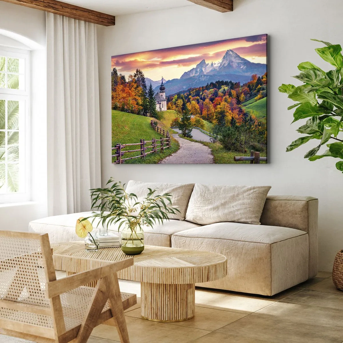 Canvas picture - Autumn mountain scenery with a chapel and sunset - 70x50cm - Landscape Like a Picture - Modern wall decoration for the living room and bedroom ARTTOR