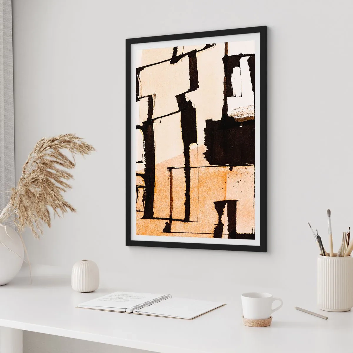 Poster in black frame - An abstract composition of geometric shapes in shades of beige and black. - 50x70cm - Order After All - Modern wall decoration for the living room and bedroom ARTTOR
