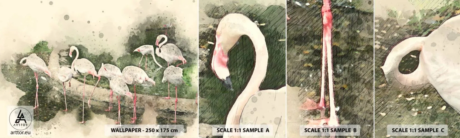 Photo Wallpaper Sample Self-Adhesive Deluxe Sticker - Exotic Dream - Birds, Flamingos, Nature - 100x30 cm