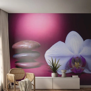 Photo Wallpaper Premium Sand - Study of Freshness in Purple - Flowers, Spa, Stones - 100x70 cm