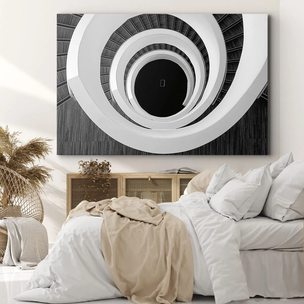Canvas picture - Black and white spiral staircase in a modern style - 70x50cm - To the Point of the Matter - Modern wall decoration for the living room and bedroom ARTTOR