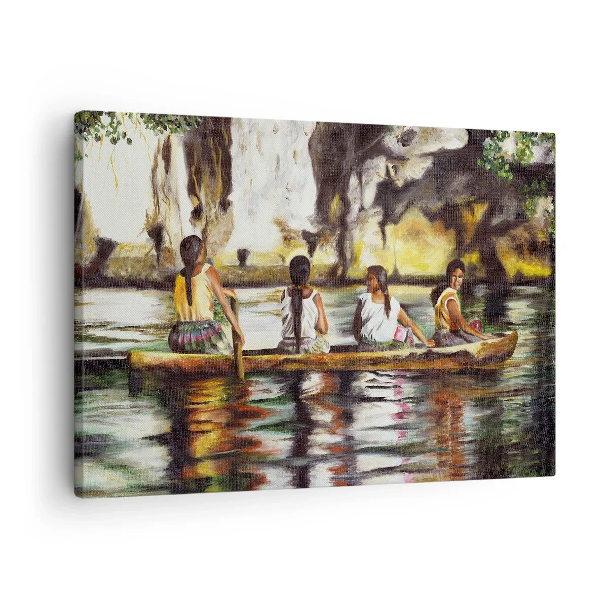 Canvas picture - Women in a boat on a calm river with a picturesque background - 70x50cm - Polinesian Paradise - Modern wall decoration for the living room and bedroom ARTTOR