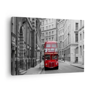 Canvas picture - A red bus against a background of black and white city buildings. - 70x50cm - Routine Doesn't Have to Be Grey - Modern wall decoration for the living room and bedroom ARTTOR