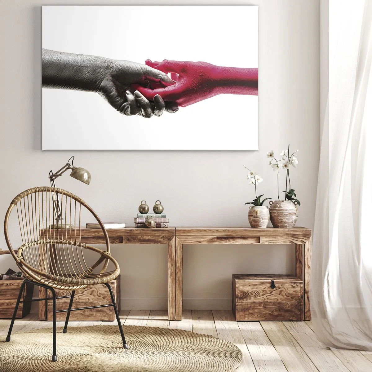 Canvas picture - Symbolic hands in silver and red - 70x50cm - Together, although Different - Modern wall decoration for the living room and bedroom ARTTOR