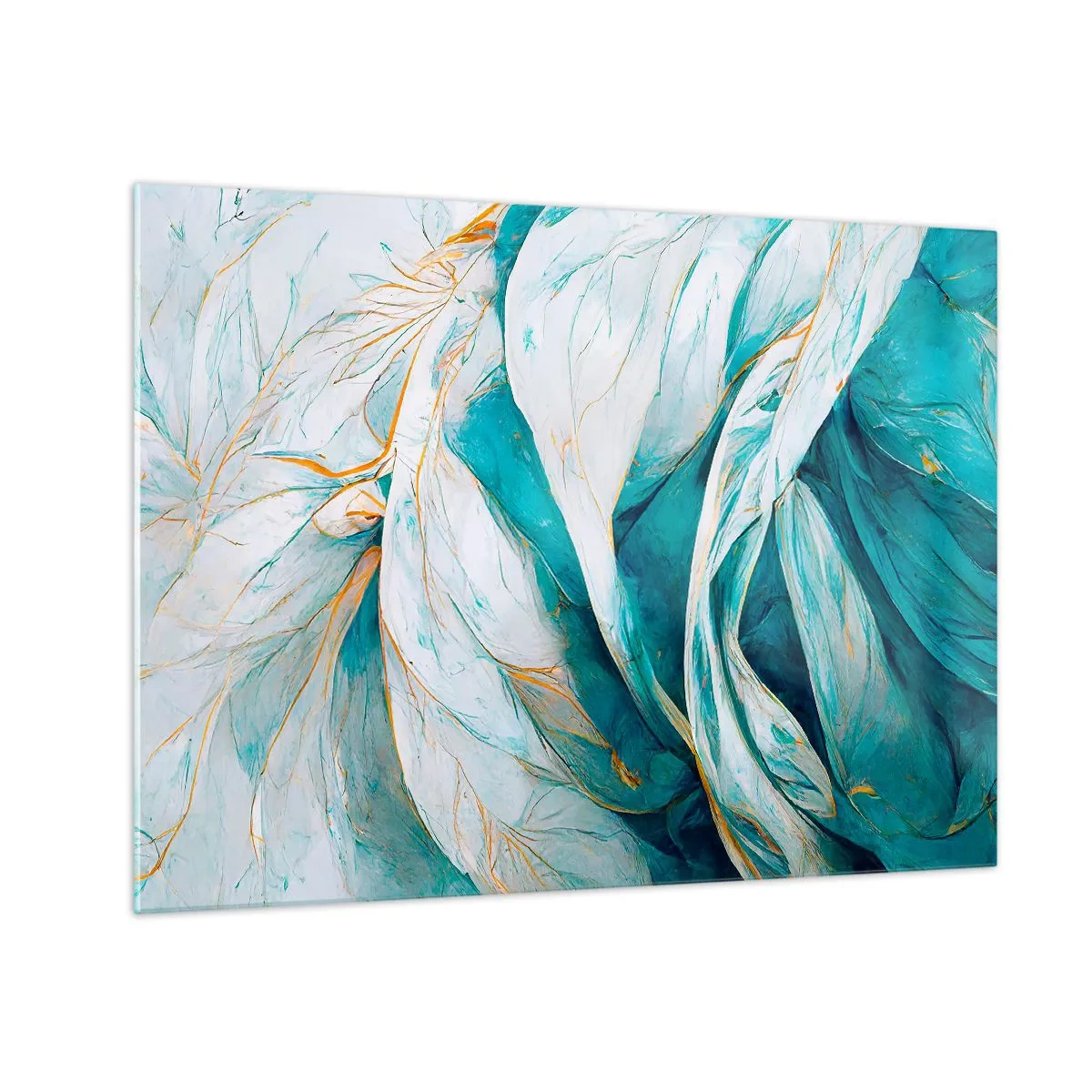 Glass picture - Organic abstraction in blue and gold lines - 70x50cm - Blue Abstract with a Golden Motif - Modern wall decoration for the living room and bedroom ARTTOR