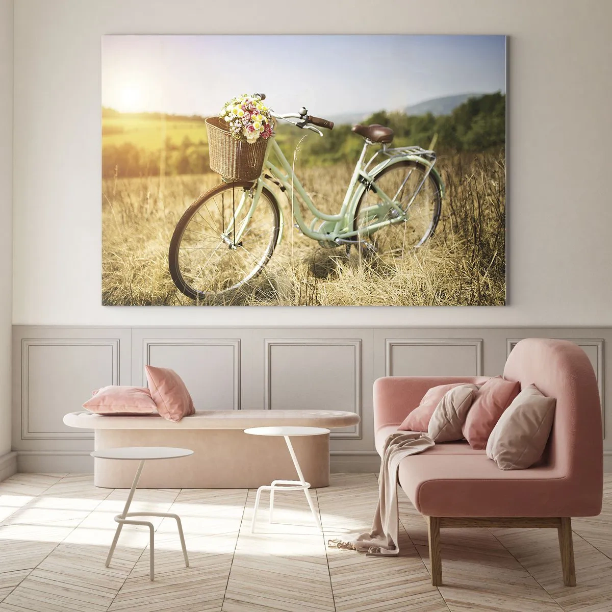 Glass picture - Retro bicycle with flowers against a natural background - 70x50cm - I will Stay Here for a While - Modern wall decoration for the living room and bedroom ARTTOR