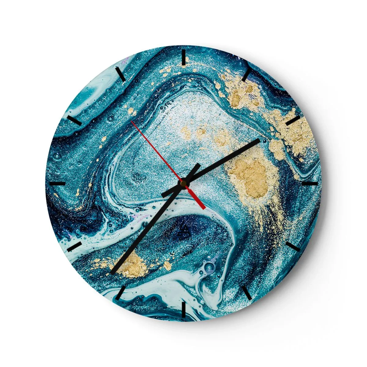 Wall clock - Clock on glass - An abstract swirl in shades of blue and gold with a marble effect. - 30x30cm - Blue Whirl - Modern wall decoration for the living room, kitchen, and bedroom ARTTOR