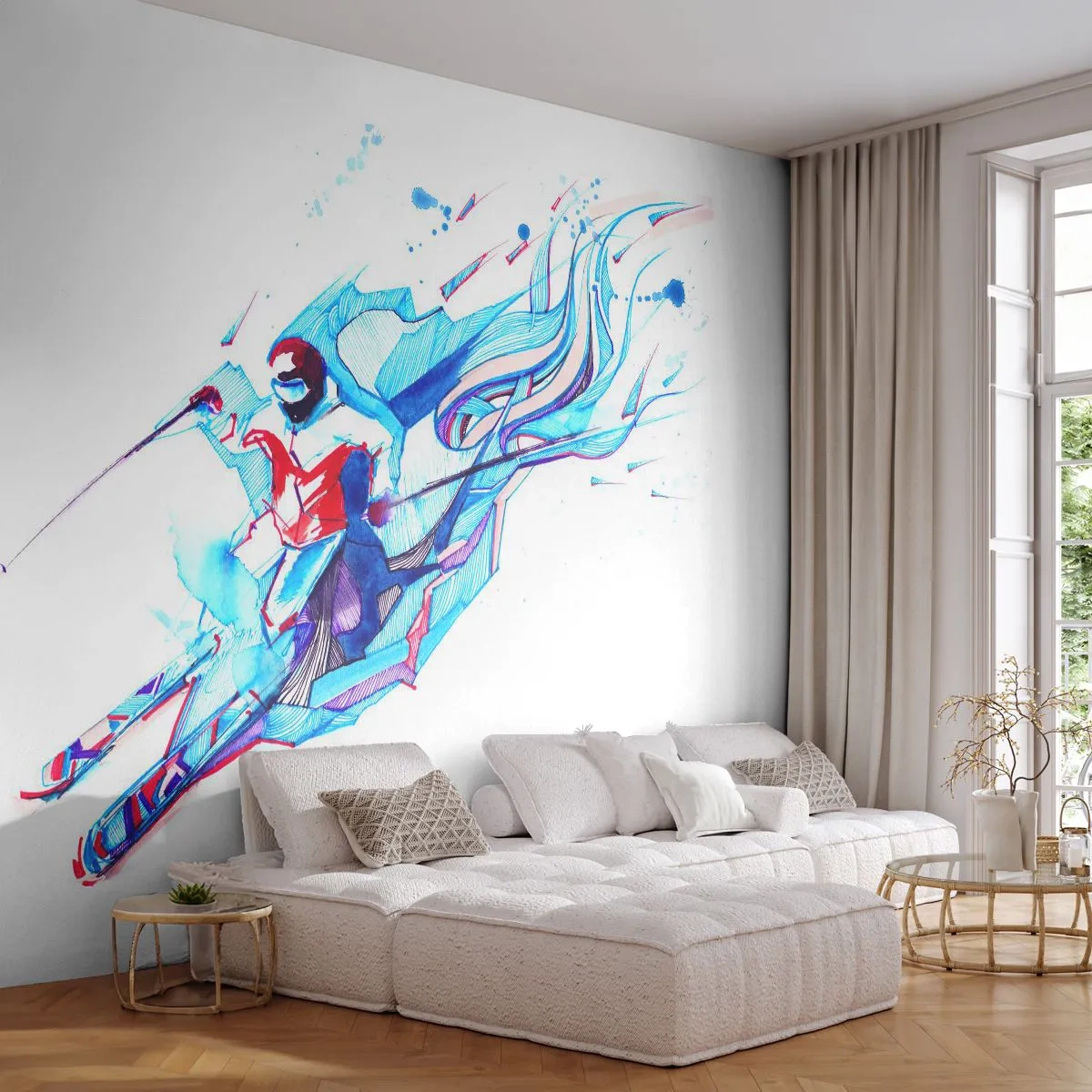 Photo Wallpaper Premium Sand - Crazy Race for Joy - Abstraction, Skis, Skier - 100x70 cm