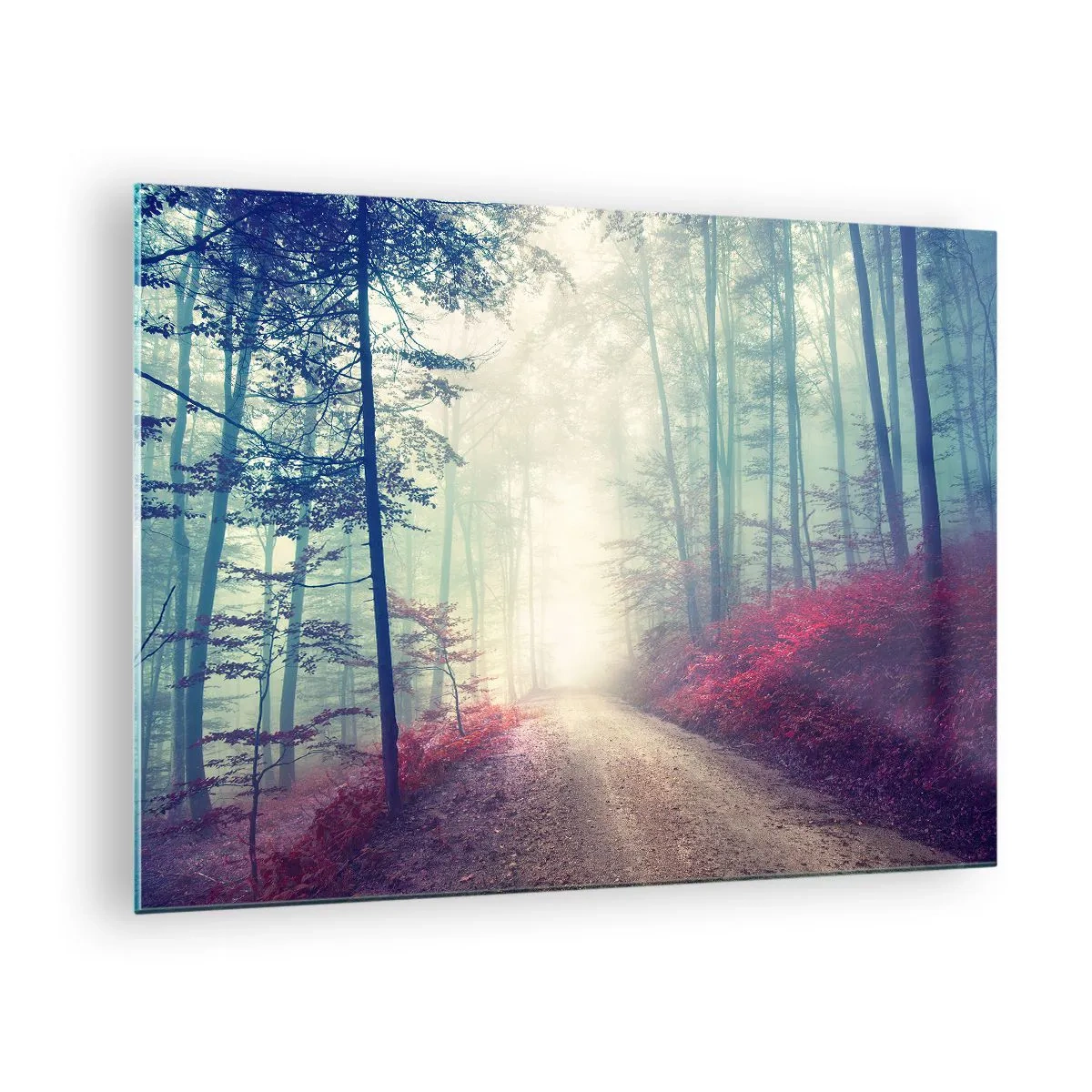 Glass picture - Forest road in the fog with red accents - 70x50cm - Early Bird - Modern wall decoration for the living room and bedroom ARTTOR