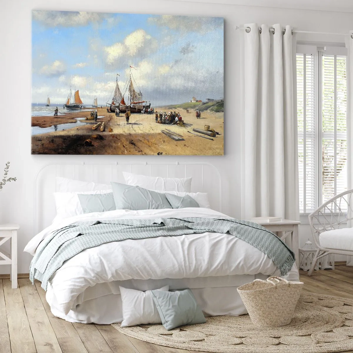Canvas picture - Fishing boats on the beach with human figures - 70x50cm - After a Successful Catch - Modern wall decoration for the living room and bedroom ARTTOR