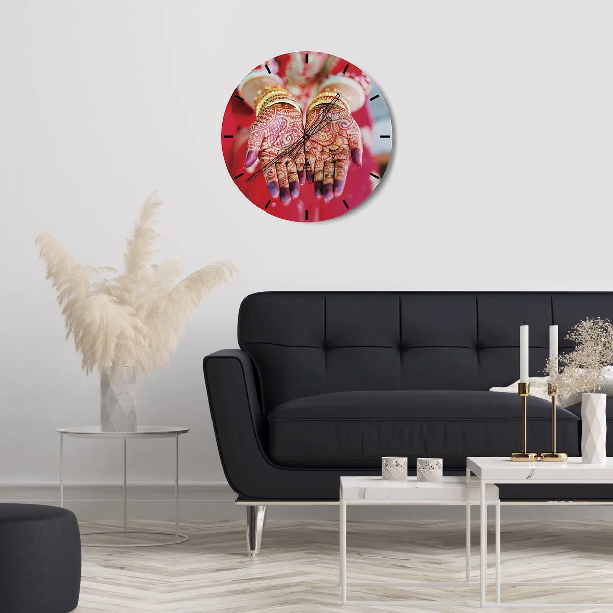 Wall clock - Clock on glass - Hands decorated with henna in traditional attire against a red background - 30x30cm - Readt to Catch Happiness - Modern wall decoration for the living room, kitchen, and bedroom ARTTOR