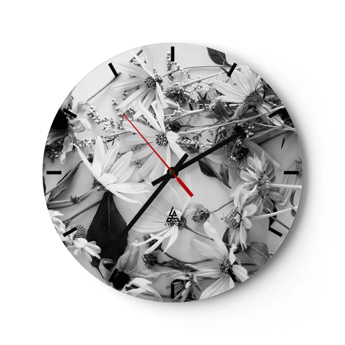 Wall clock - Clock on glass - Black and white flowers scattered on a light background in a casual arrangement - 30x30cm - No-Bouquet of Flowers - Modern wall decoration for the living room, kitchen, and bedroom ARTTOR