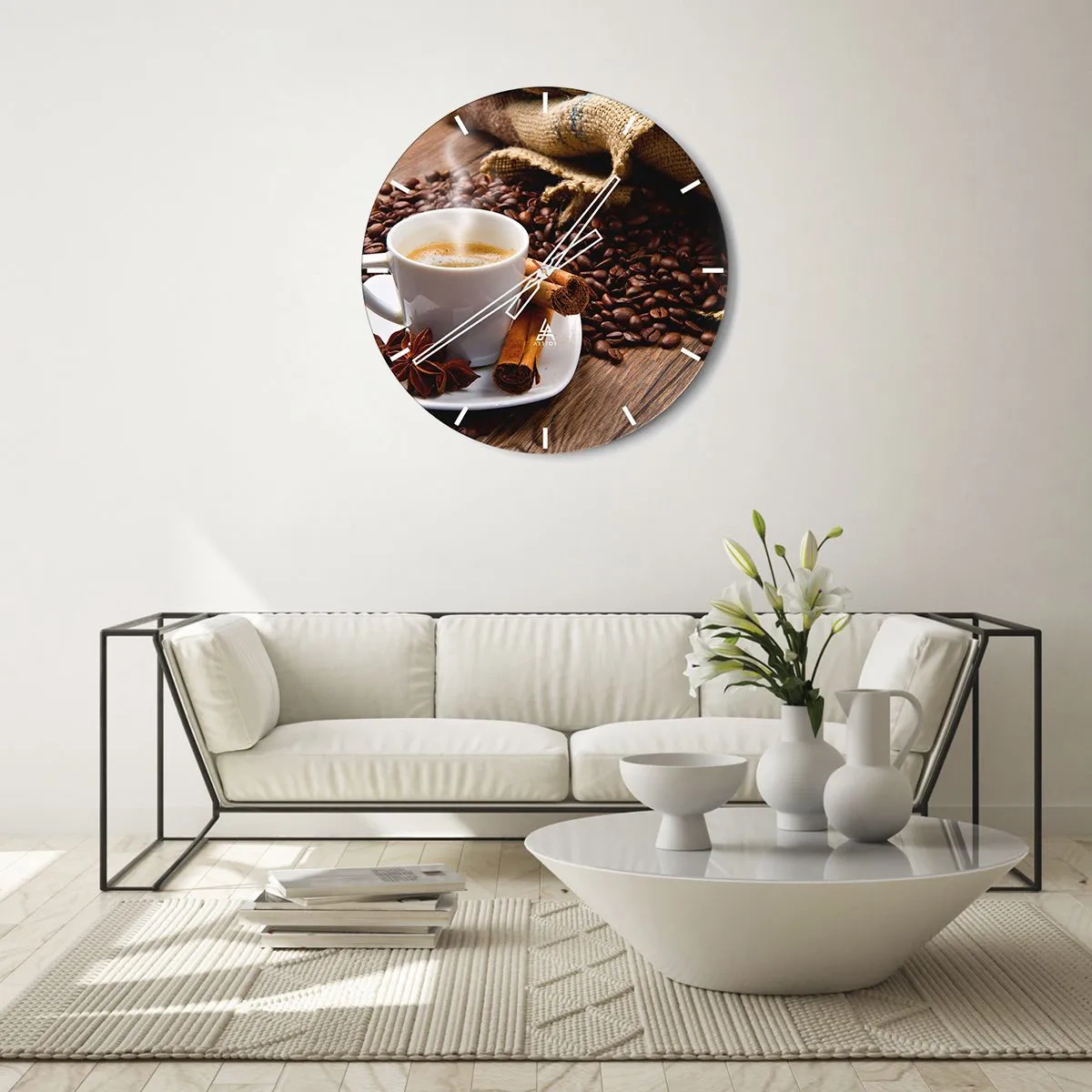 Wall clock - Clock on glass - cup of coffee with spices and coffee beans - 30x30cm - Spicy Flavour and Aroma - Modern wall decoration for the living room, kitchen, and bedroom ARTTOR