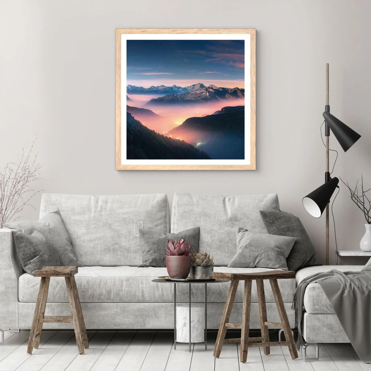 Poster in light oak frame - Light in the Valleys - 40x40 cm